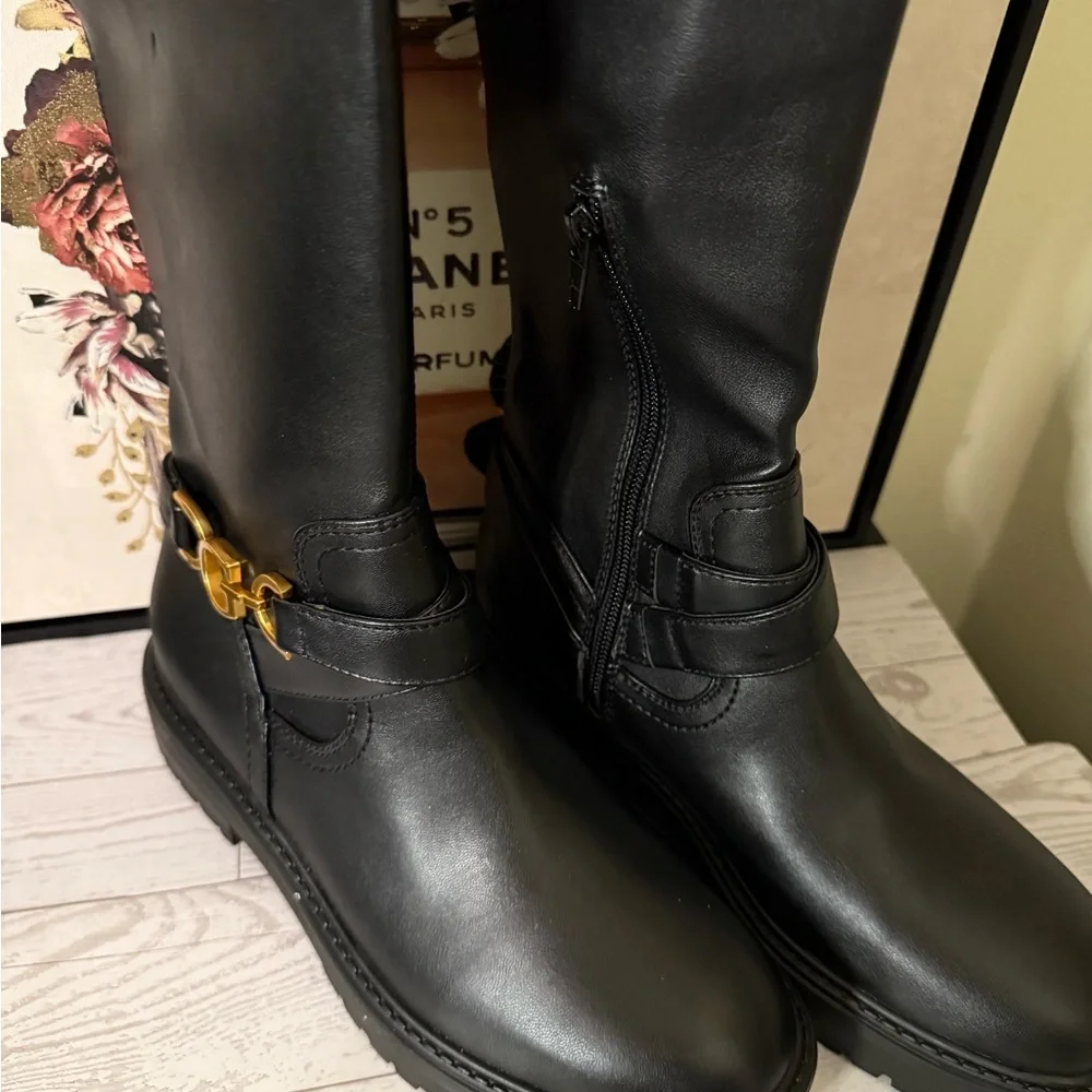Guess Jellio Black Over-the-Knee Boots with Gold Accent